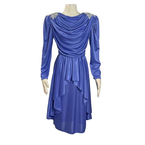 1980s Filigree Icy Blue Draped Bodice Appliquéd Polyester Disco Glam Dress - Picture 9 of 9